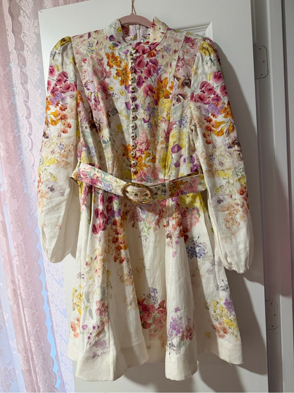 Zimmermann Natura Buttoned Mini Linen Dress Kaleidoscope Garden AU3 / Sz US 8-10